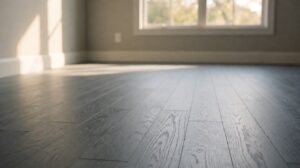A bamboo plank floor installed in a bright room with natural grain running across the floor