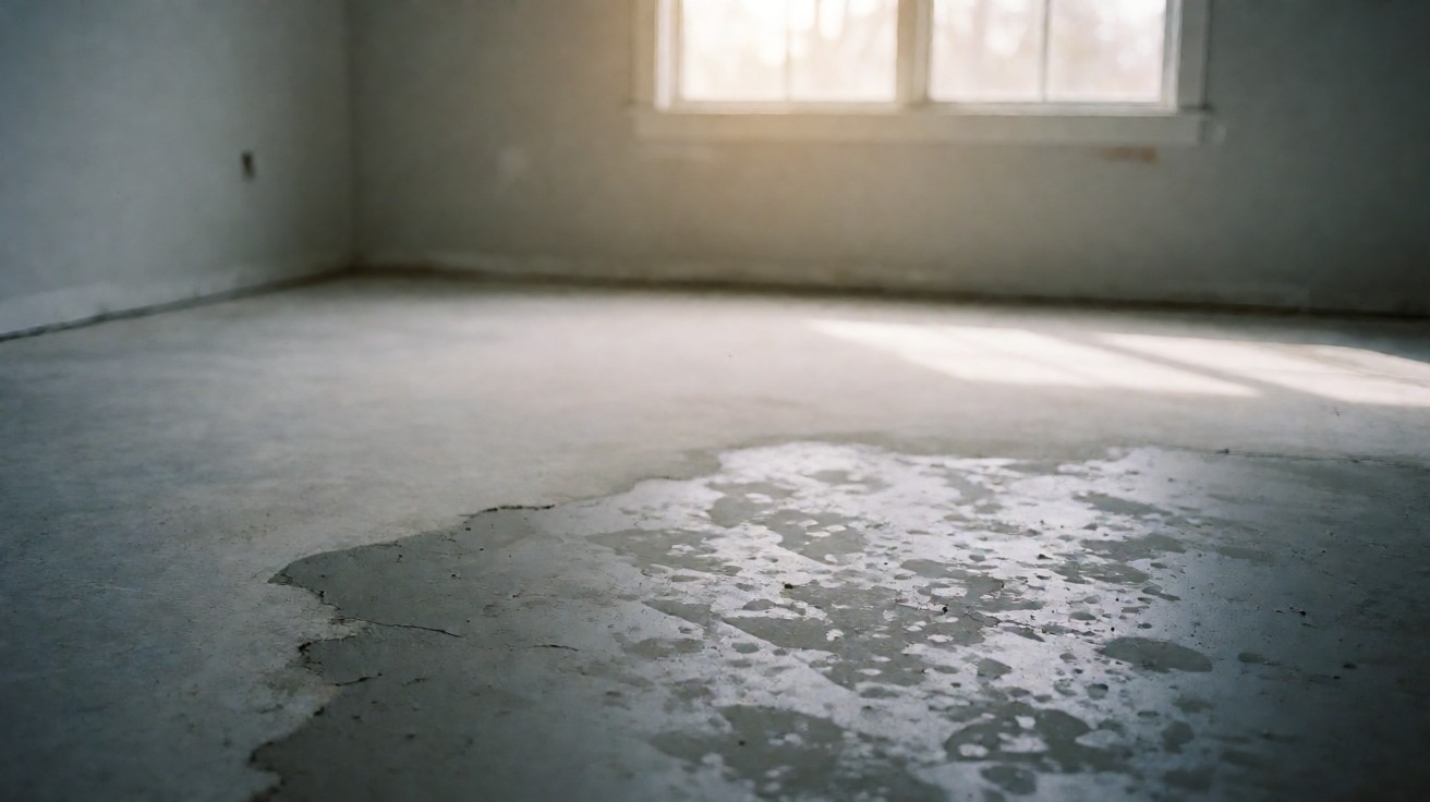 A bare concrete floor with a self-levelling screed poured in one area of the room