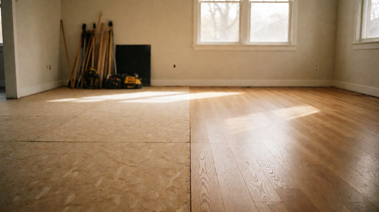 A living room mid-renovation with half the subfloor exposed and half the oak floor finished
