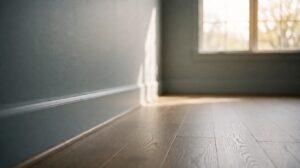 A bright empty room showing a hardwood floor meeting the baseboard along one wall
