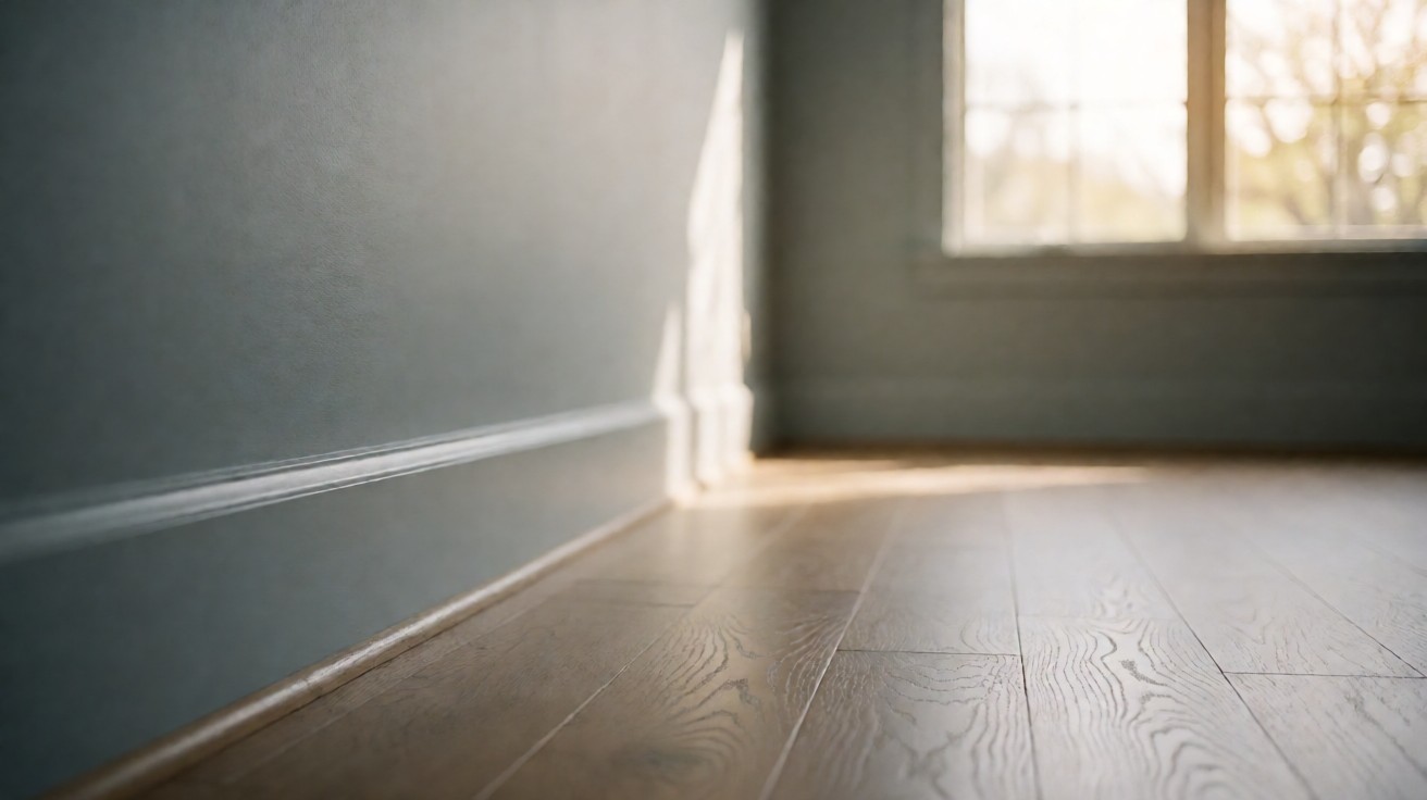 A bright empty room showing a hardwood floor meeting the baseboard along one wall