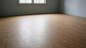 A bright room with a warm honey-coloured cork plank floor installed