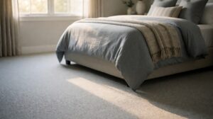 A bedroom with light grey carpet fully installed under a made bed in soft natural light