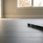 A finished floor seen through a doorway with a level resting flat near the threshold