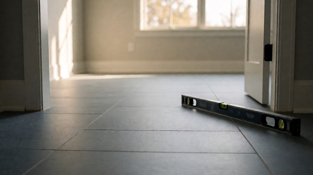 A finished floor seen through a doorway with a level resting flat near the threshold