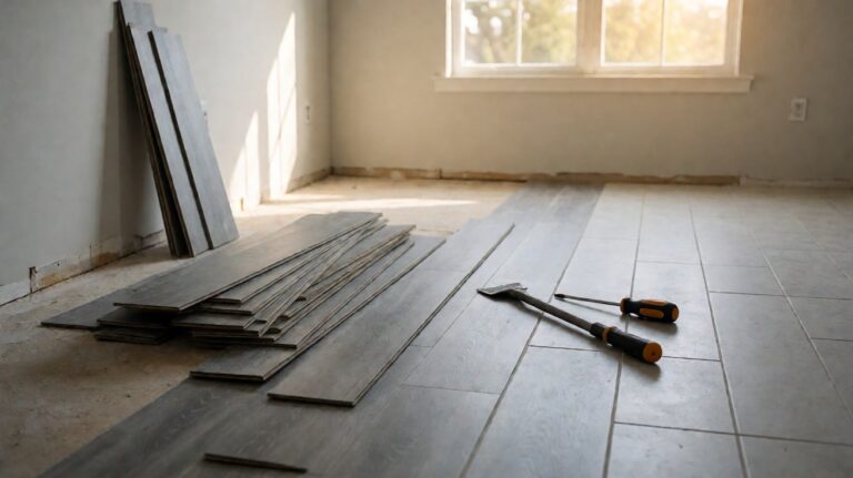 A half-demolished room with old vinyl flooring stacked against the wall and bare subfloor exposed