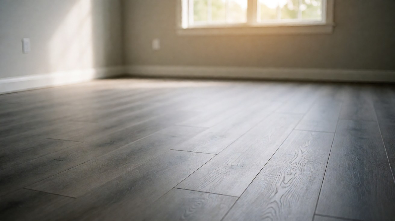 A half-finished room with grey wood-look laminate planks click-locked across most of the floor