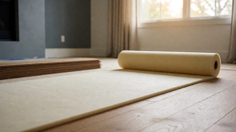 A room with a wide roll of pale foam underlayment unrolled across the subfloor and planks stacked at the far end
