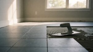 A living room mid-tile-installation with grey tiles in the near half and wet adhesive in the far half