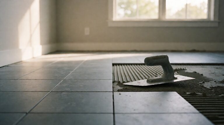 A living room mid-tile-installation with grey tiles in the near half and wet adhesive in the far half