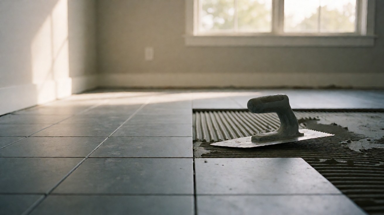 A living room mid-tile-installation with grey tiles in the near half and wet adhesive in the far half