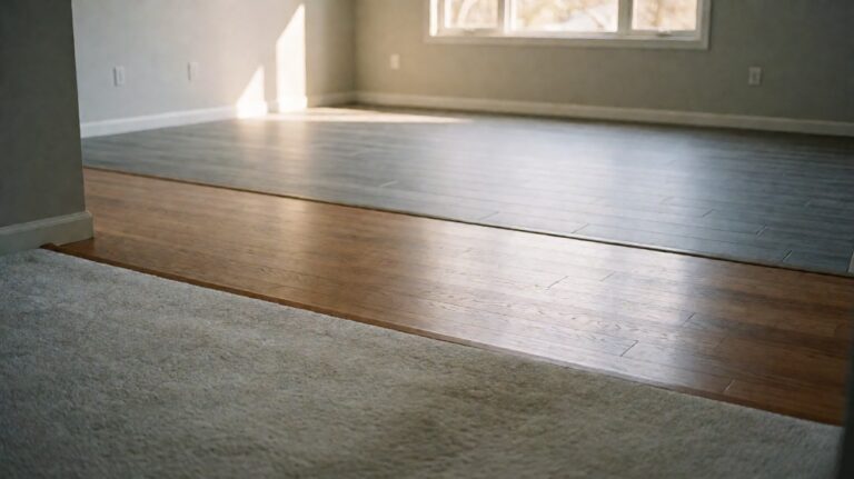 One open space showing worn carpet, hardwood and grey vinyl plank flooring meeting