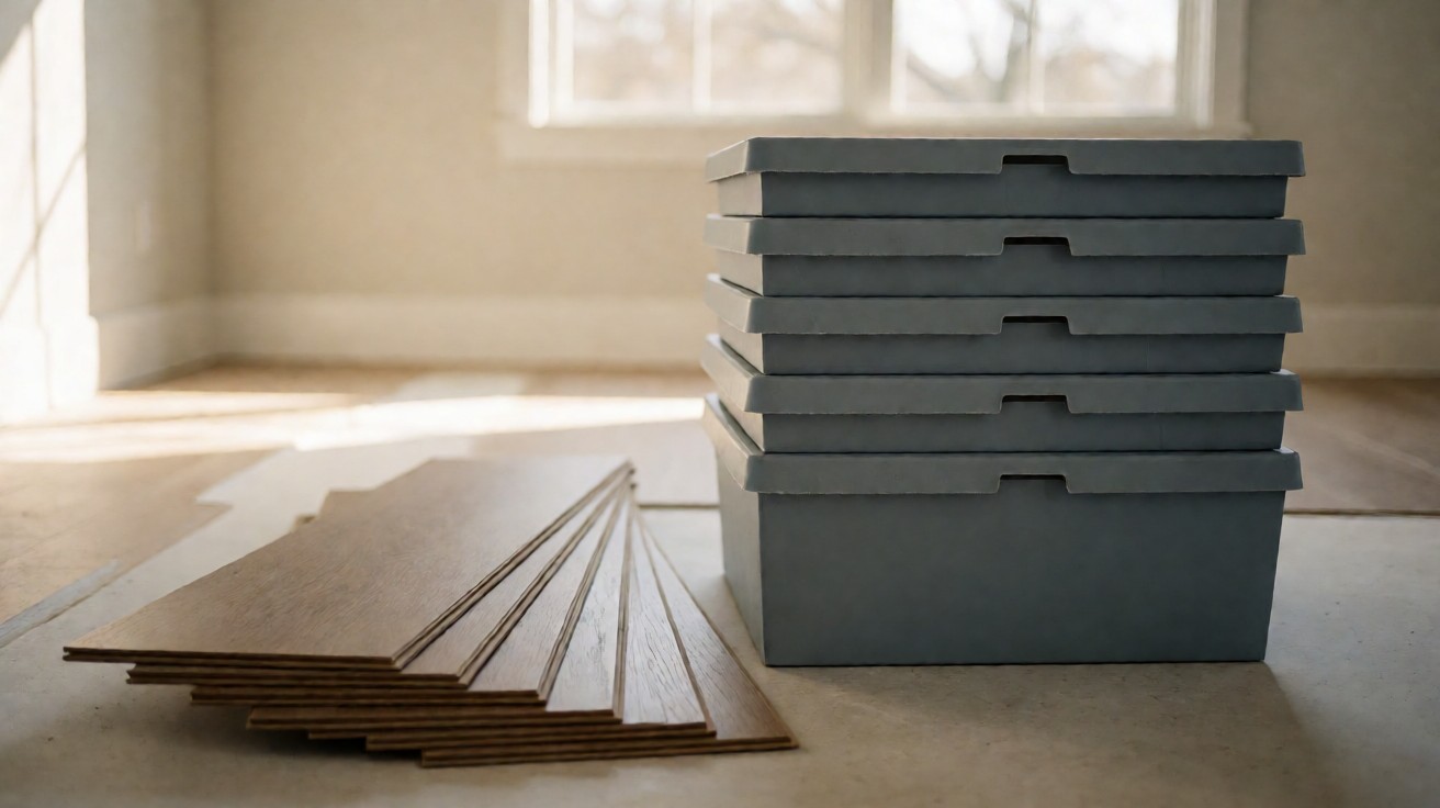A stack of plain flooring cartons next to planks fanned out on a clean floor