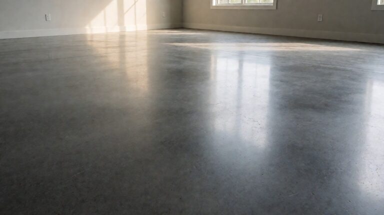 A polished concrete floor in a large open room reflecting soft overhead light