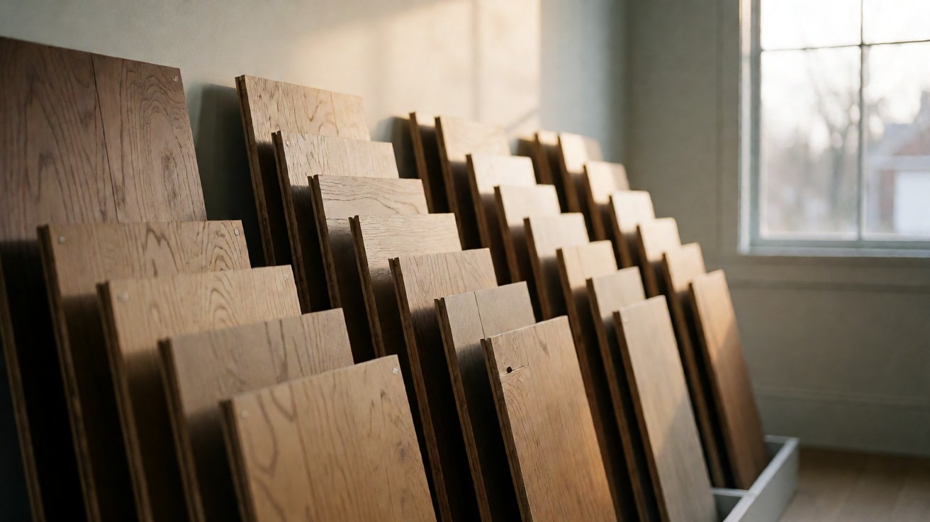 Rows of wood flooring samples leaning against a showroom wall with no signage
