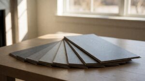 Vinyl plank samples fanned out on a table showing different wear-layer thicknesses at the cut edges