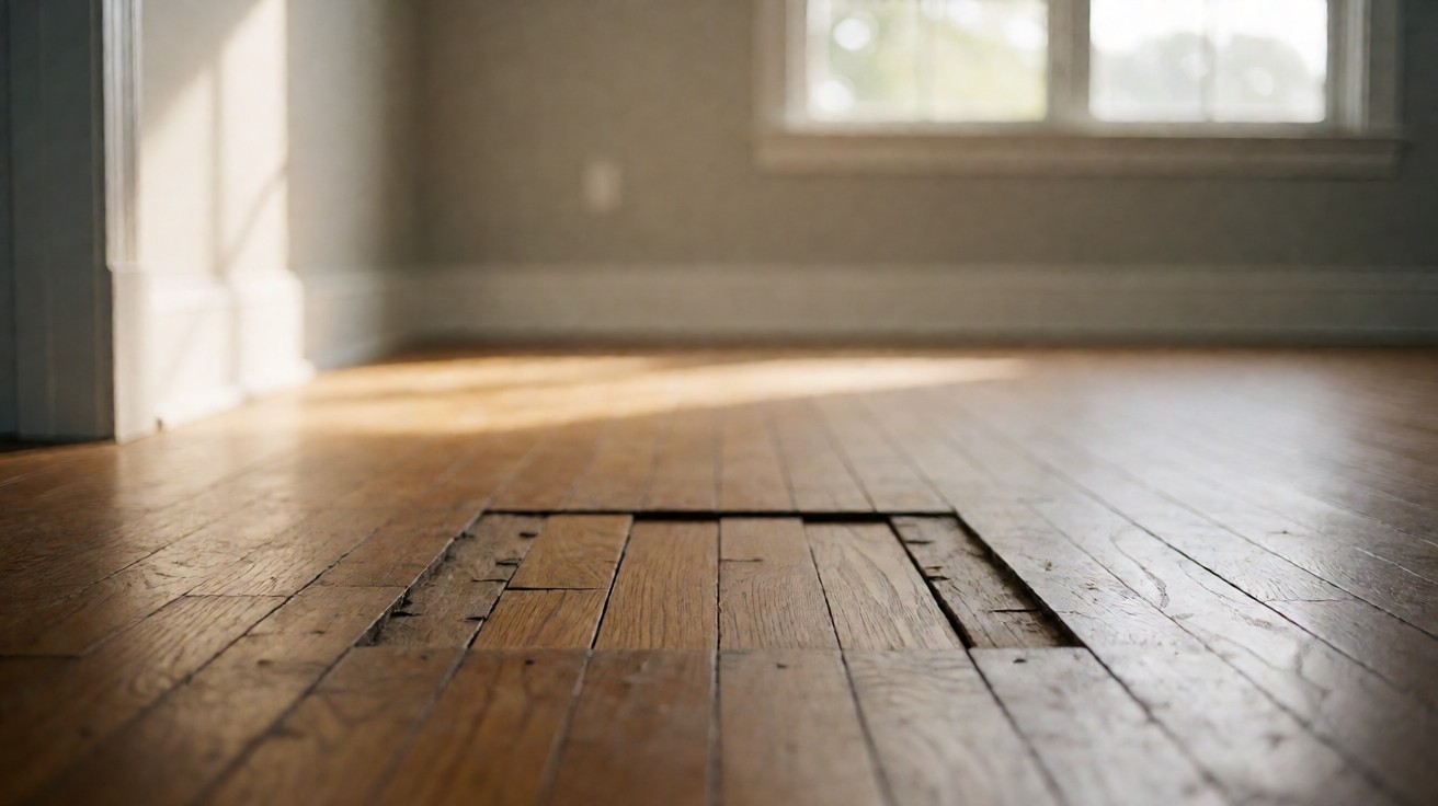 A floor repair patch where new boards sit among the old worn flooring