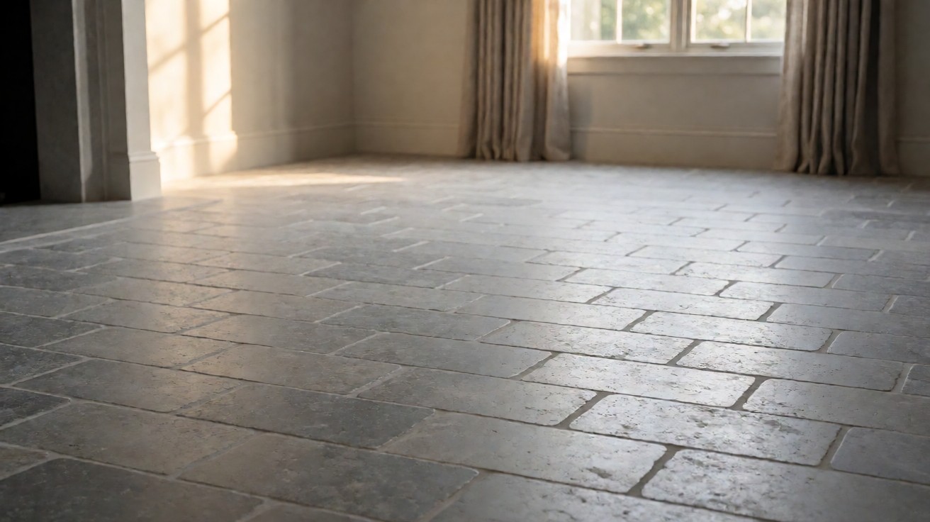 A honed travertine stone tile floor in a bright open-plan room