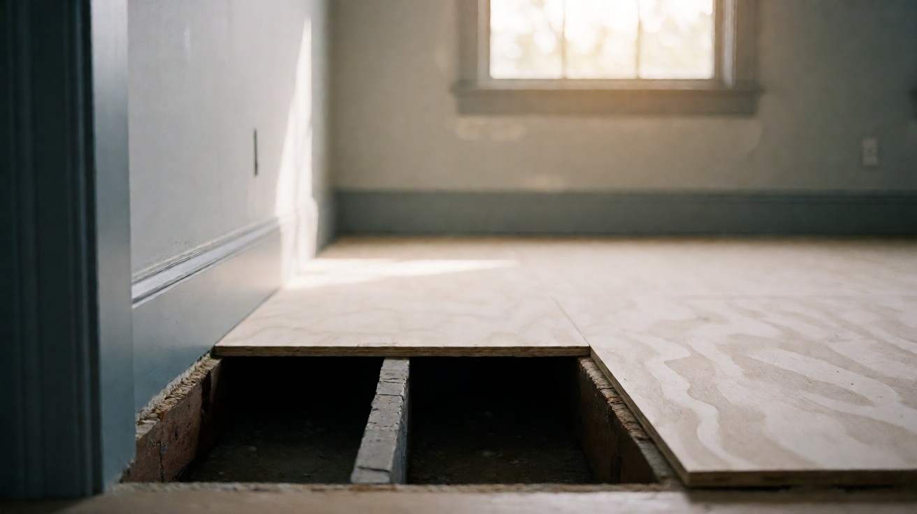 An opened-up section of floor showing plywood subfloor with the joists exposed below