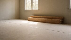 A room with a chalk line drawn across the bare subfloor