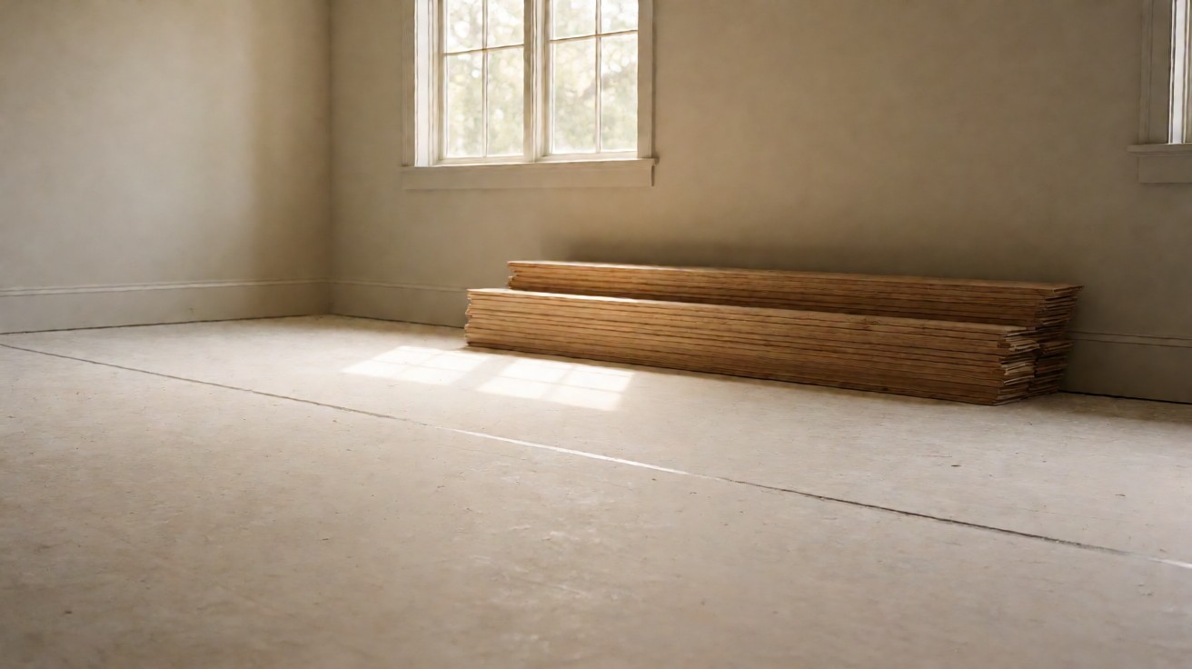 A room with a chalk line drawn across the bare subfloor
