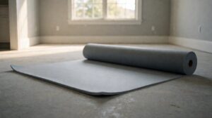 A roll of grey foam underlayment partly unrolled on a bare subfloor
