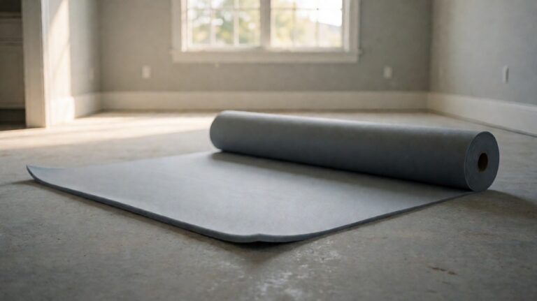 A roll of grey foam underlayment partly unrolled on a bare subfloor