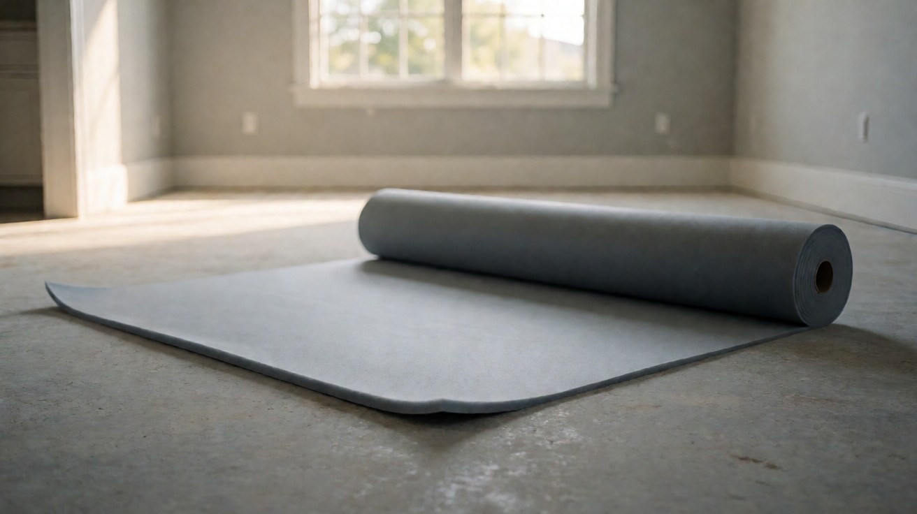 A roll of grey foam underlayment partly unrolled on a bare subfloor