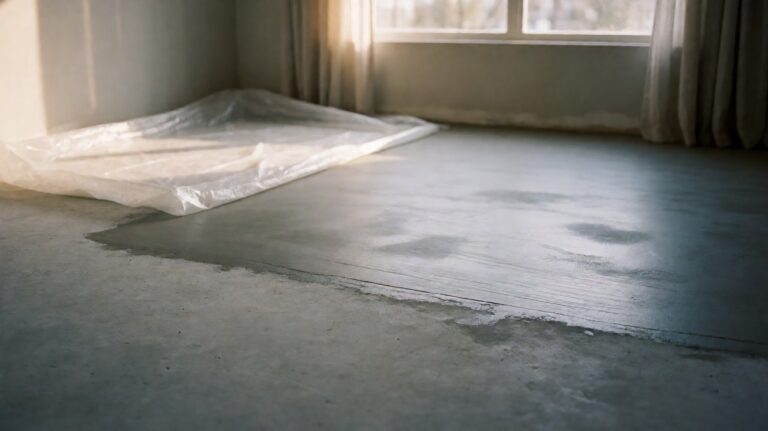 A bare concrete slab with a patch of levelling compound and plastic sheeting