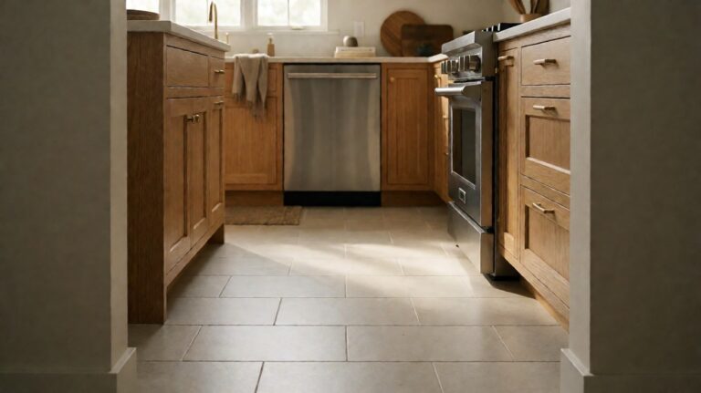 Empty renovated kitchen with light oak cabinets and a pale grey large format tile floor, photographed from the doorway