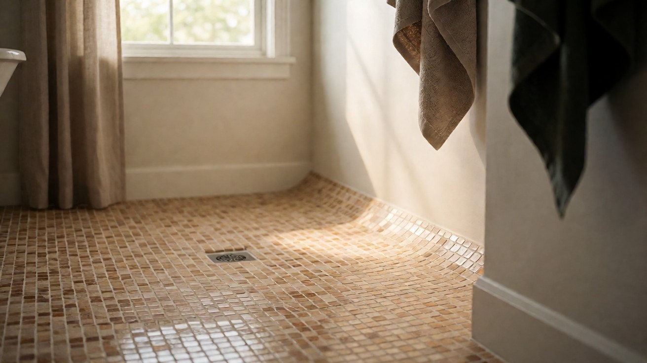 Mosaic tile shower floor with small tiles curving with slope toward drain