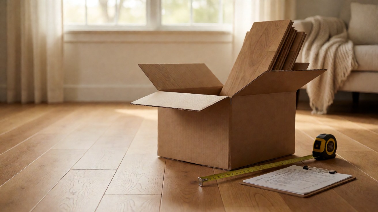 Open box of hardwood planks with tape measure and checklist on installed floor