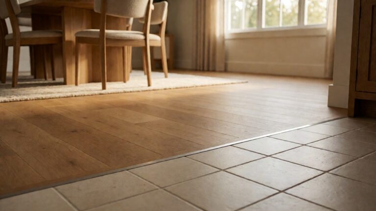 Open-plan living room where oak hardwood flooring meets porcelain tile at a threshold to the kitchen