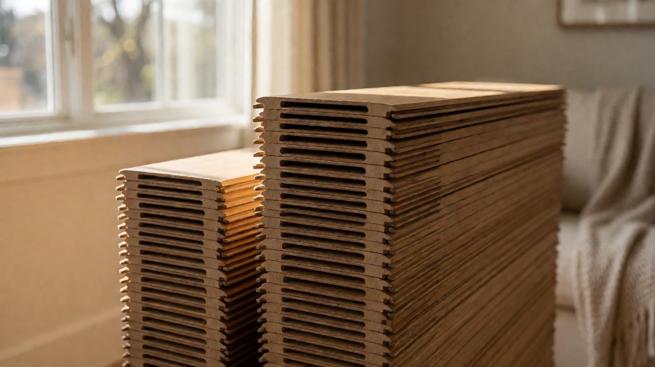 A tall stack of oak flooring planks beside a visibly shorter stack of the same profile