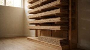 Full stacks of oak flooring planks on stockroom shelving with one short stack below