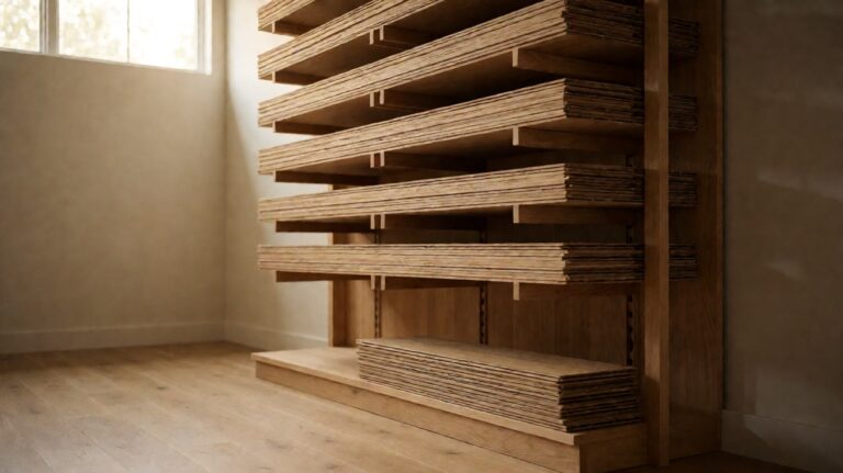 Full stacks of oak flooring planks on stockroom shelving with one short stack below