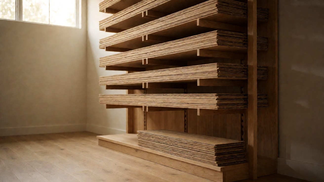 Full stacks of oak flooring planks on stockroom shelving with one short stack below