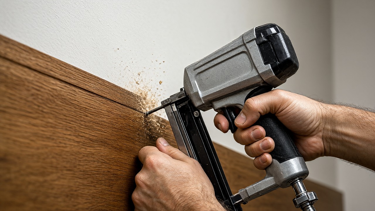 Photorealistic editorial image of baseboard trim being nailed to a wall with a finish nailer