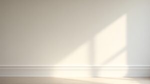 Photorealistic editorial image of a finished room with white baseboards and shoe molding