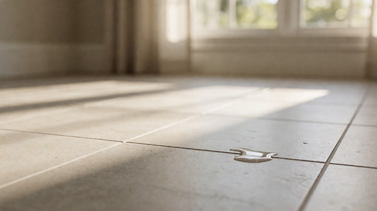 Porcelain tile floor with grout lines; the seal and grout are what protect a wet room