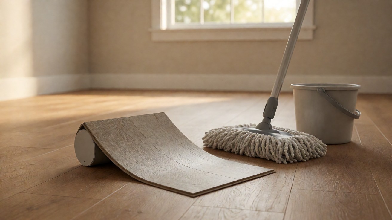 A vinyl plank flooring sample on a floor beside a mop head and a bucket