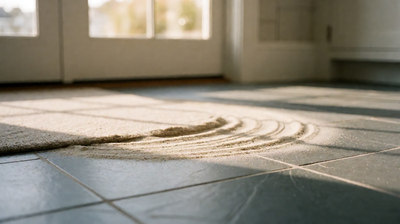 Fine quartz sand tracked in an arc across a grey tile floor beside an entry mat