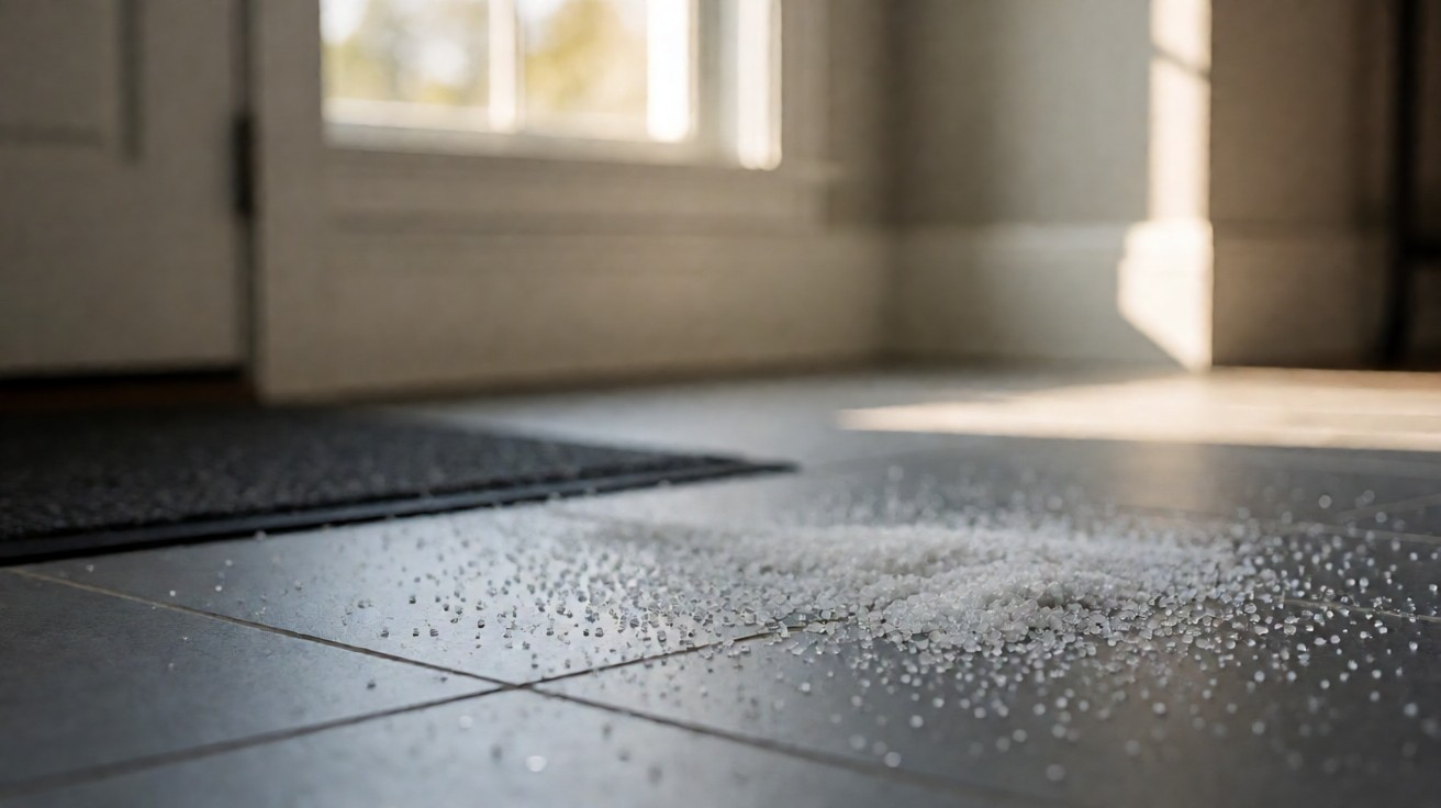 Coarse road salt crystals and grit on a grey tile floor beside an entry mat
