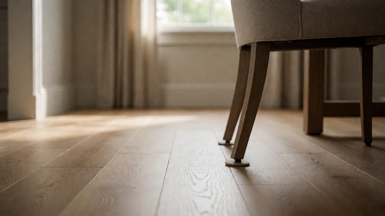 A dining chair leg resting on a felt pad on oak plank flooring