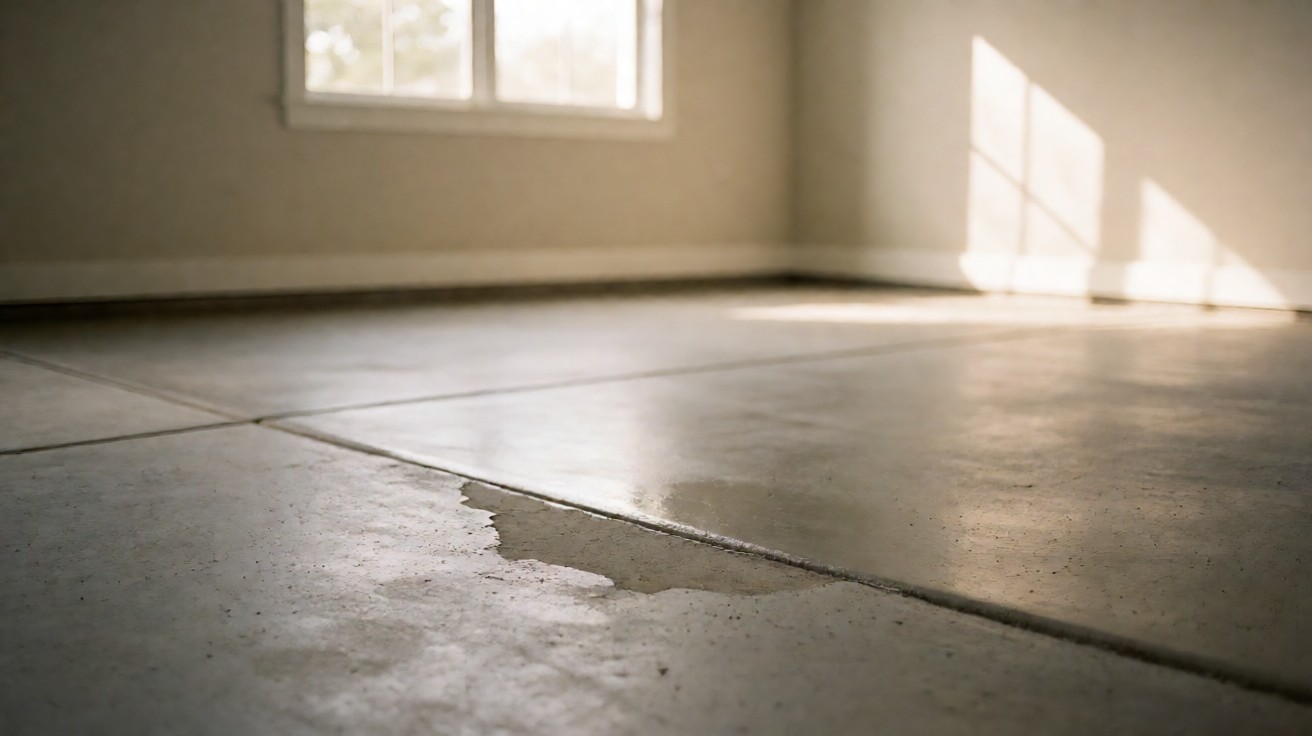 A grey concrete garage floor with a hairline crack and a wet stain on the sealed surface