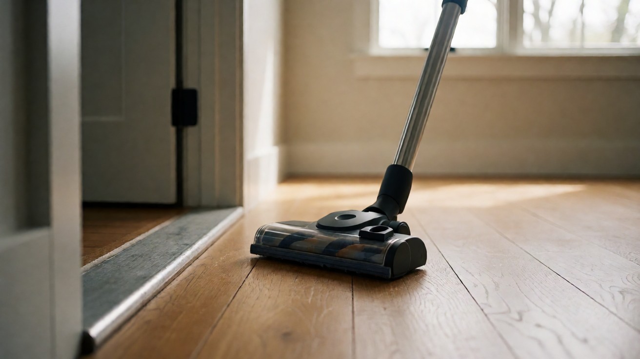A vacuum cleaner head on a warm wood plank floor beside a doorway threshold strip