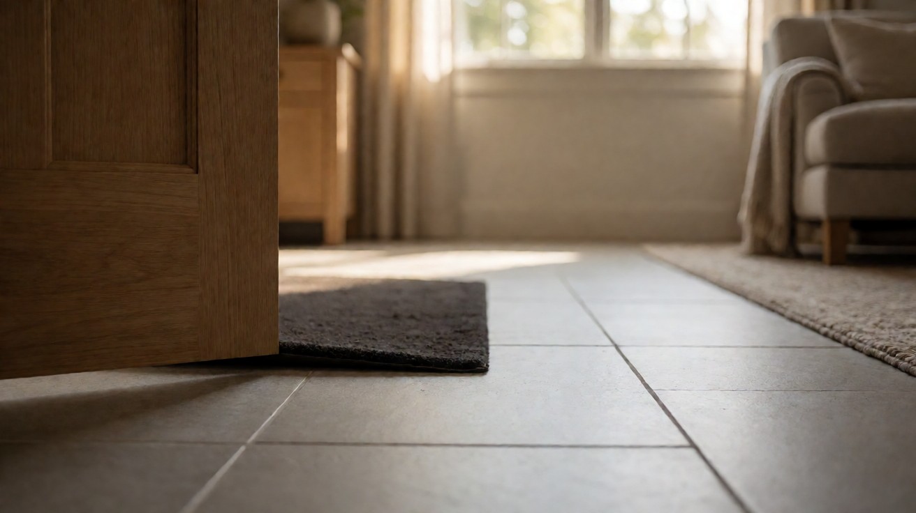 Light grey tile at a doorway with the corner of a dark dirt trap mat on top of it