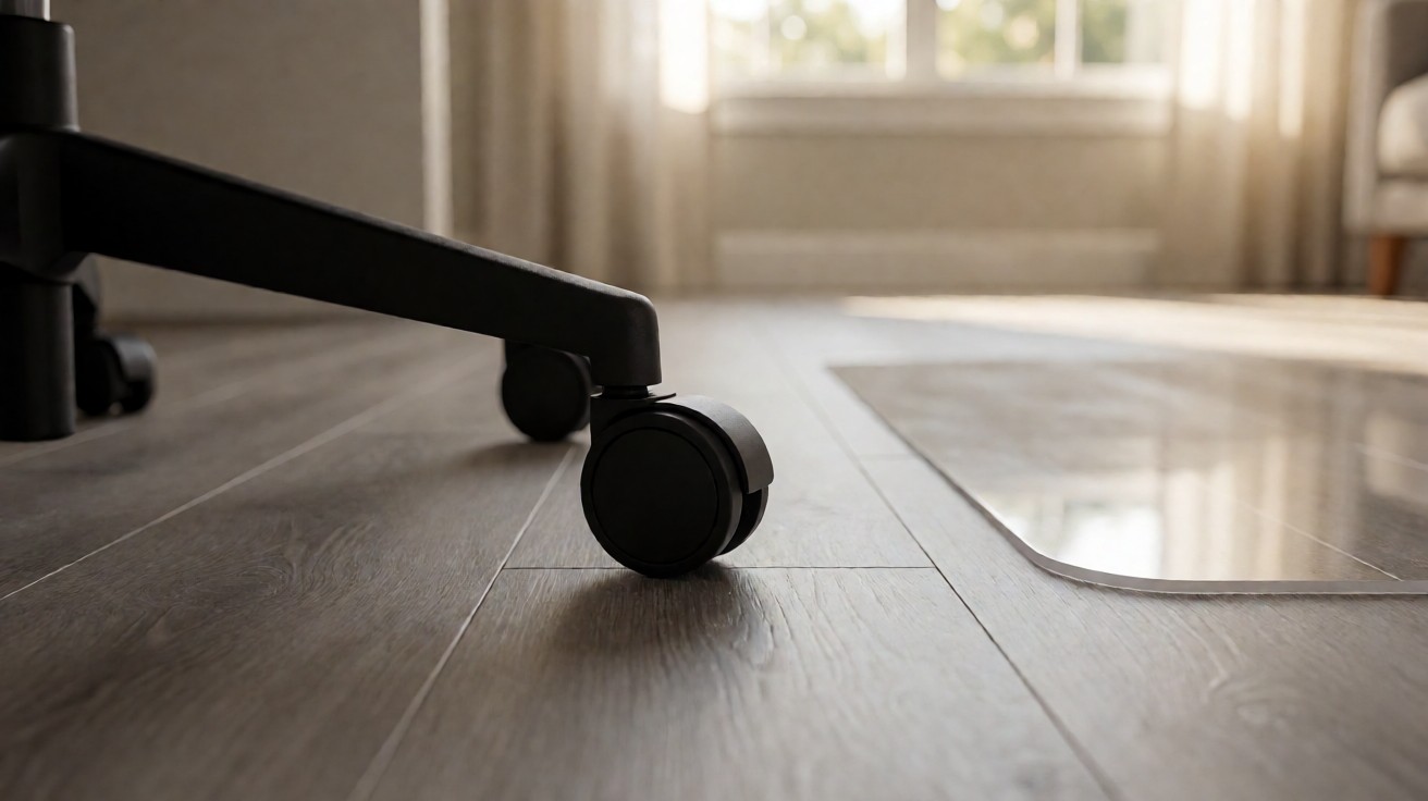 An office chair castor wheel on a grey floor beside the edge of a clear chair mat