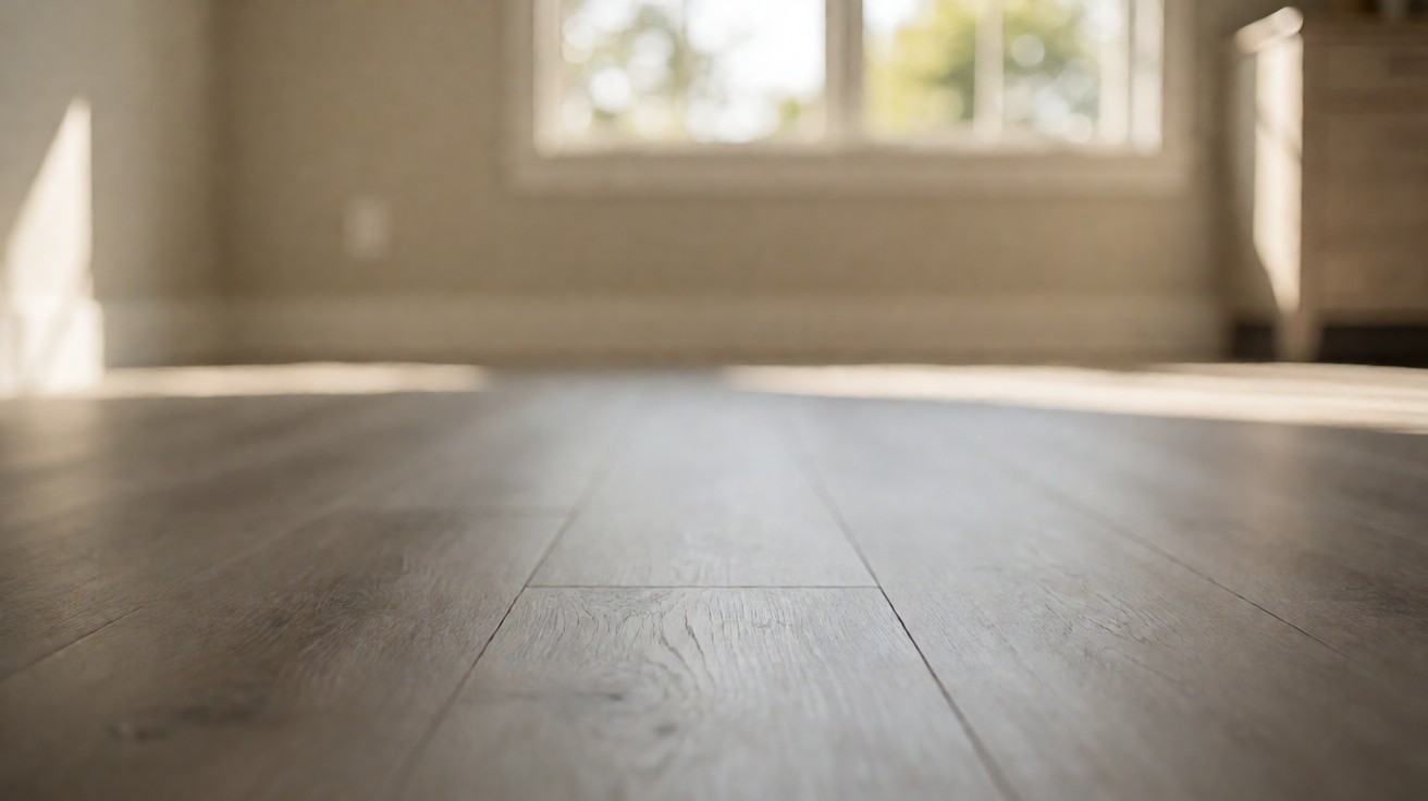 A vinyl plank floor surface in raking light, showing the plank seams and the grain detail of the wear layer