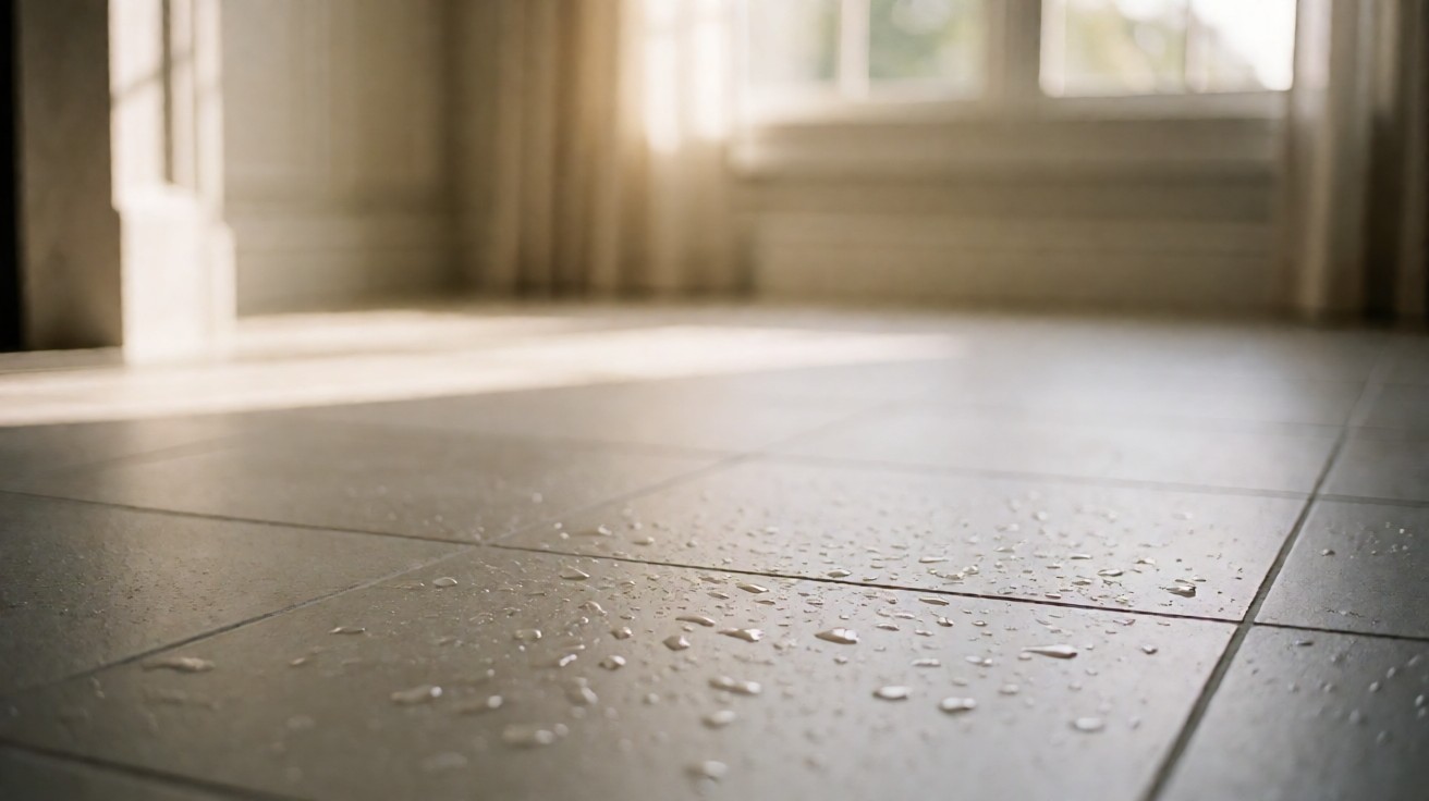 Light grey tile flooring with condensation droplets and small beads of water on the surface